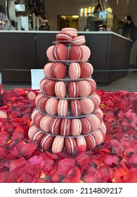 DC, USA, Jan 05 2022: A Macaron tower display in Olivia Macaron, which is a famous dessert shop in Georgetown.