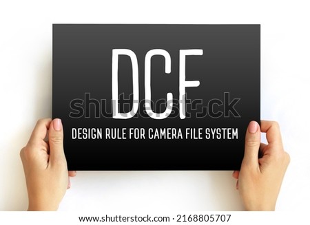 DCF - Design rule for Camera File system acronym text on card, abbreviation concept background