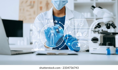 Dctor work on digital tablet healthcare doctor technology tablet using computer  in laboratory study with virtual icon
