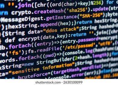 DDoS attack. Close-up view of colorful code on a computer screen, possibly C or Java Focus is on text with no distracting objects Realistic style, shallow depth of field