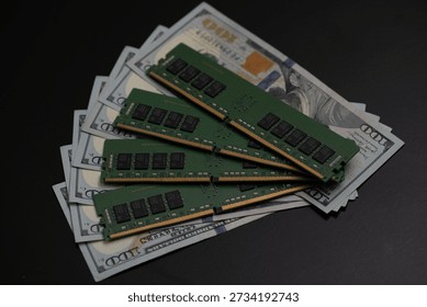 DDR memory modules on US dollar bills. Workstation memory and DDR RAM cost. Memory upgrade concept with money. DDR server memory and expenses. Concept with RAM and cash.