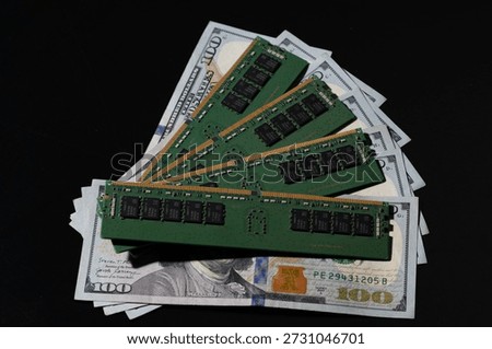 DDR memory modules on US dollar bills. Workstation memory and DDR RAM cost. Memory upgrade concept with money. DDR server memory and expenses. Concept with RAM and cash.