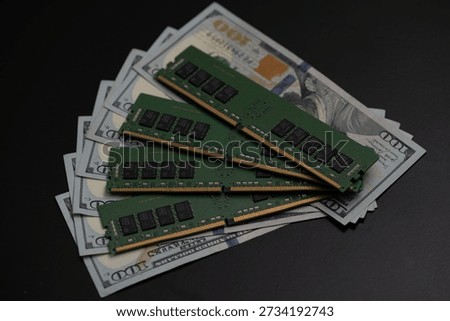 DDR memory modules on US dollar bills. Workstation memory and DDR RAM cost. Memory upgrade concept with money. DDR server memory and expenses. Concept with RAM and cash.