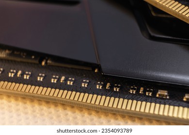 DDR4 DRAM memory module golden electrical contact macro. Computer RAM chip close-up. Desktop PC memory parts for assemble
