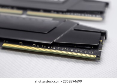 DDR4 DRAM memory modules. Computer RAM chip close-up on white. Desktop PC memory parts for assemble