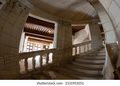 The Château De Chambord In Chambord, Centre-Val De Loire, France, With Its French Renaissance Architecture And Traditional French Medieval Forms, Inside View Of The Open Double-spiral Staircase