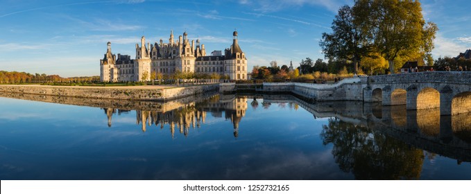 Château De Chambourg Castle In Loir-et-Cher, France At Sunset, View Over The River 