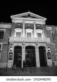 Castellón De La Plana, Valencian Community, Spain (Costa Del Azahar) - January 2021. Main Theatre (Teatro Principal) Front Facade. Monochrome Photography (black And White). Shot By Night.