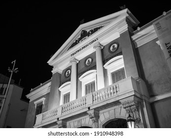 Castellón De La Plana, Valencian Community, Spain (Costa Del Azahar) - January 2021. Main Theatre (Teatro Principal) Front Facade. Monochrome Photography (black And White). Shot By Night.