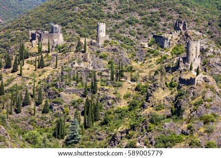 The Châteaux de Lastours (in Occitan Lastors), four so-called Cathar castles  on a rocky spur above the French village of Lastours,