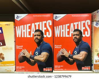 De Pere, Wisconsin/USA November 23, 2018. Brand New Wheaties Cereal Boxes On Display Featuring Quarterback Russell Wilson.