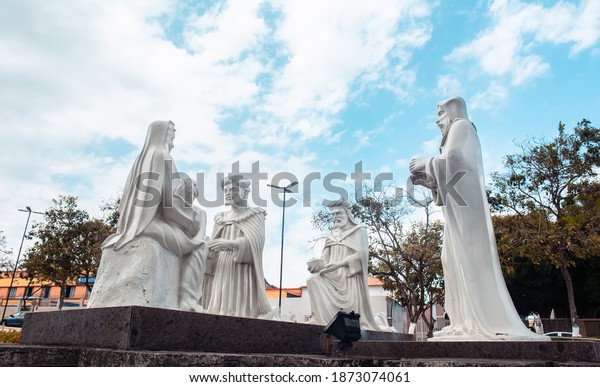 São José de Ribamar, Maranhão - Brazil - August 29 2019: Statues of the Three Magi giving gifts to Jesus - Brazilian religious monument