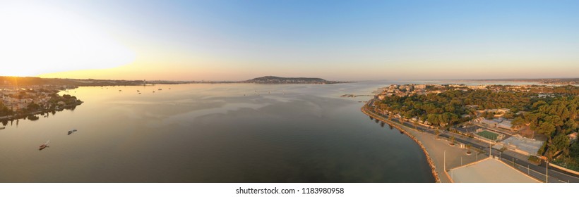 Étang De Thau In The Morning And Mont Saint Clair In The Background At Balaruc Les Bains, In Herault, In Occitanie In France