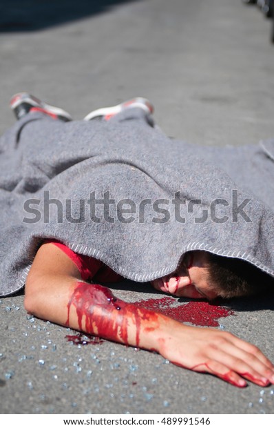 Dead Body Covered Blanket Lying On Stock Photo (Edit Now) 489991546