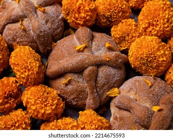 Dead bread and marigold flower, Mexican traditions and customs. - Shutterstock ID 2214675593