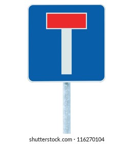 Dead End / No Through Road Traffic Sign, Isolated Roadside T Signage On Pole Post Signpost Signboard, Blue, Red