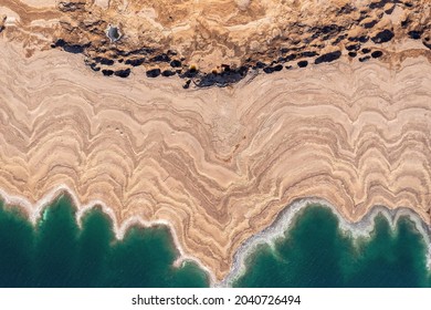 Dead Sea Coastline And Unique Terrain, Aerial View.