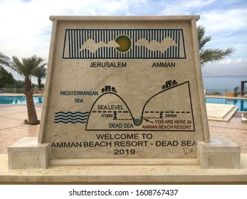 Dead Sea, Jordan - January 1, 2020 : Amman Beach Resort - Dead Sea Welcom Sign.  Dead Sea Or Salt Sea, Located Between Israel And Jordan, Is The Lowest Point On Earth.