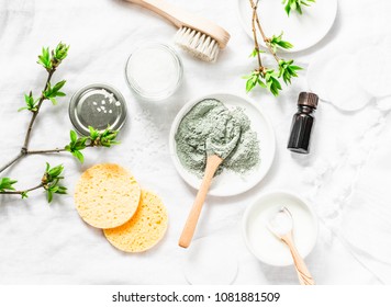 Dead sea mud mask - beauty products ingredients on light background, top view. Beauty concept. Flat lay 