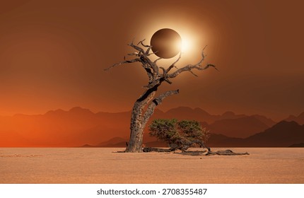 Dead trees in Dead Vlei with Solar Eclipse - Sossusvlei, Namib desert, Namibia
