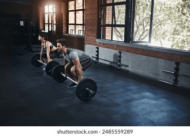 Deadlift, couple and training with barbell in gym for muscle, wellness and healthy body. Fitness, man and strong woman weightlifting for power, bodybuilding and workout together to exercise at club - Powered by Shutterstock