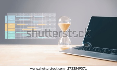 Deadline countdown, hourglass timer shows sand falling, laptop displays intricate business project schedule, emphasizing efficient work management, productivity and strategic time planning.
