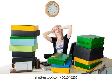 Deadline Today: Race Against Time. Employee In Office Submerged By A Stack Of Binders Looking Desperate At The Clock. The Clock Is Ticking And The Deadline Is Approaching. White Background.