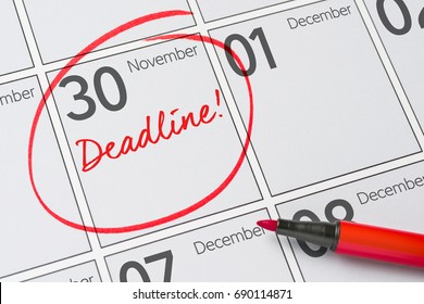 Deadline written on a calendar - November 30