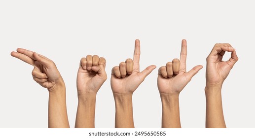 Deaf alphabet letter hello by hand. The letter 'Hello' in sign language, isolated on a white background. Hand movements. hearing disorders. language that uses the visual manual modality.