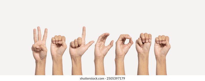 Deaf alphabet letter "Welcome" by hand. The letter "Welcome" in sign language, isolated on a white background. Hand movements. hearing disorders. language that uses the visual manual modality. - Powered by Shutterstock