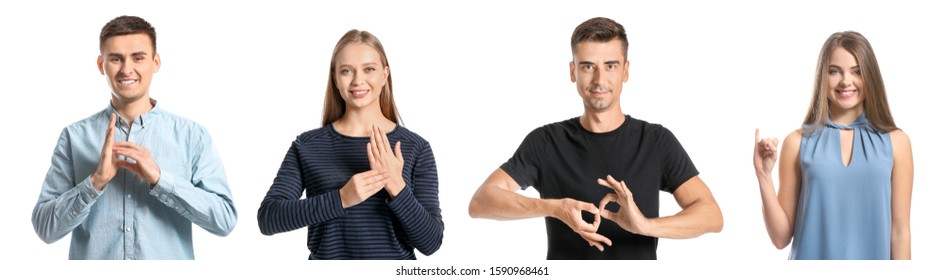 Deaf mute people using sign language on white background