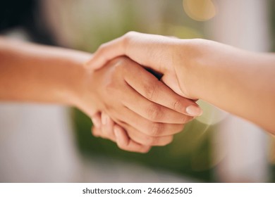 Deal, shaking hands and thank you with people closeup for agreement, partnership or welcome. CRM, meeting and support with handshake for collaboration, teamwork or success in bonus and promotion