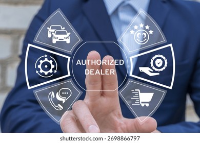 Dealer using virtual touch screen presses the words AUTHORIZED DEALER. Authorized Dealer Trusted Supplier Validated Distributor Business Concept. Trusted partnership and distributor authorization.