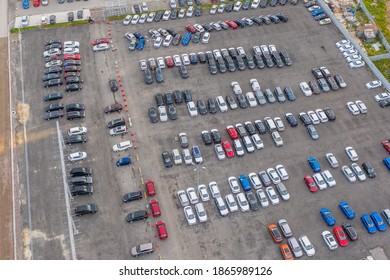 Dealership Parking Lot, Many Cars Top Aerial View