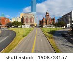 Dealey Plaza, city park and National Historic Landmark in downtown Dallas, Texas. Site of President John Fitzgerald Kennedy assassination on Elm Street at left.