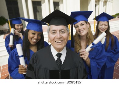 Dean And Graduates Outside University, Elevated View, Portrait