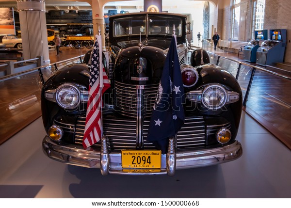 Dearborn, Mi, Usa - March 2019:\
Franklin Delano Roosevelt Sunshine Special 1939 Lincoln\
presidential car presented in the Henry Ford Museum of American\
Innovation.