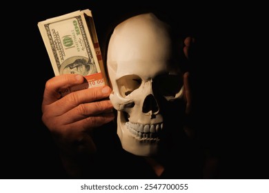 Death is the end of our whole game called life. Money and skull against black background. - Powered by Shutterstock