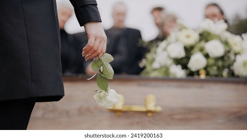 Death, funeral and hand of man with flower at coffin, family at service in graveyard for respect. Roses, loss and people at wood casket in cemetery with memory, grief and sadness at grave for burial.