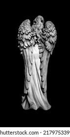 Death. Rear View Of Angel As Symbol Of Pain, Fear And End Of Life. Ancient Stone Statue. Black And White Image.