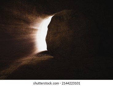 The death and resurrection of Jesus Christ and the opening of the tomb door and a bright light coming out
