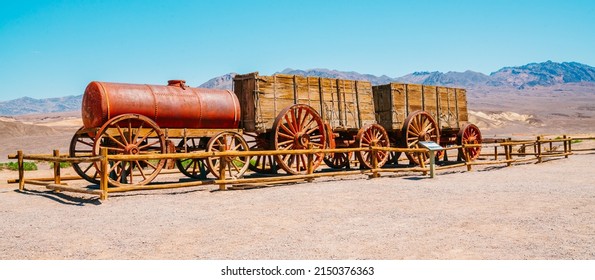 Death Valley, CA, USA - April 15, 2021  A 20 Mule Team Borax wagon train in historic Harmony Borax Works area in Death Valley National Park, California