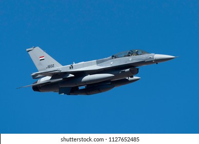 Death Valley, California, USA March 2018. Lockheed Martin F-16Di Fighting Falcon Of The Iraqi Air Force Seen Flying Low.