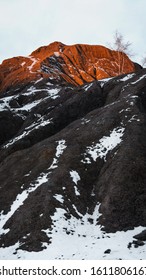 Death Valley. Dry Mountains Of The Sand With Erosion And Snow. Place Forces. A Treacherous Mountainous Road Among The Rocky Mountains