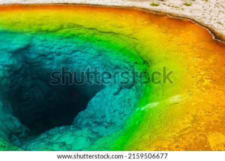 Deatiled photo of prismatic Morning glory pool from above. Yellowstone National Park, Wyoming, USA