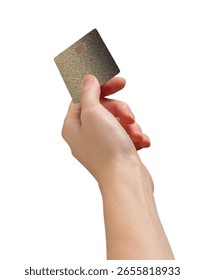 Debit display. Hand and chip card closeup, payment grip, wage, currency, bank finance, cashback profit. Isolated on white background.