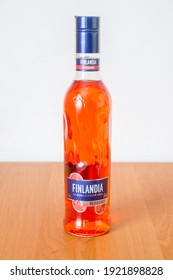 Deblin, Poland - February 16, 2021: Finlandia Redberry Flavored Vodka. Finlandia Is A Brand Of Vodka Produced In Finland From Finnish-grown Six-row Barley And Glacial Spring Water.