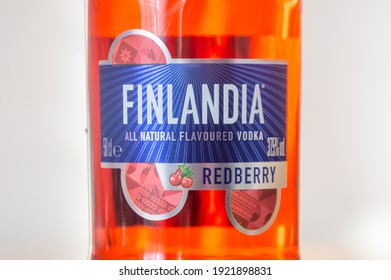 Deblin, Poland - February 16, 2021: Detail Of Finlandia Redberry Flavored Vodka. Finlandia Is A Brand Of Vodka Produced In Finland From Finnish-grown Six-row Barley And Glacial Spring Water.