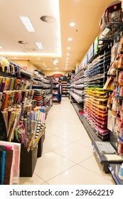 DEBRECEN, HUNGARY - AUGUST 25, 2014: Supermarket Aisle With School And Office Tools For Sale.