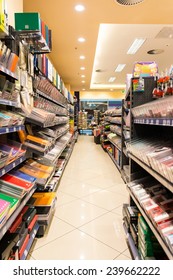 DEBRECEN, HUNGARY - AUGUST 25, 2014: Supermarket Aisle With School And Office Tools For Sale.